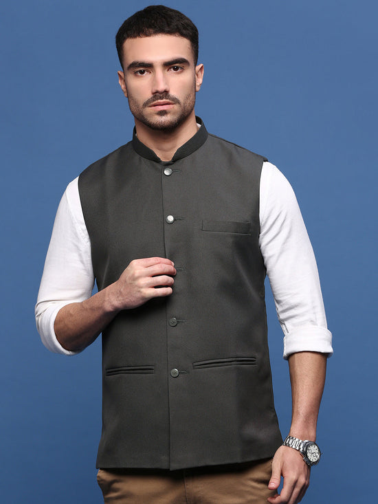 Men Solid Charcoal Slim Fit Nehru Jacket-AD-J-535-Charcoal