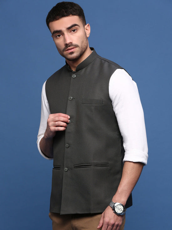 Men Solid Charcoal Slim Fit Nehru Jacket-AD-J-535-Charcoal