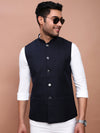 Men Solid Navy Blue Slim Fit Nehru Jacket-AD-J-535-Navyblue