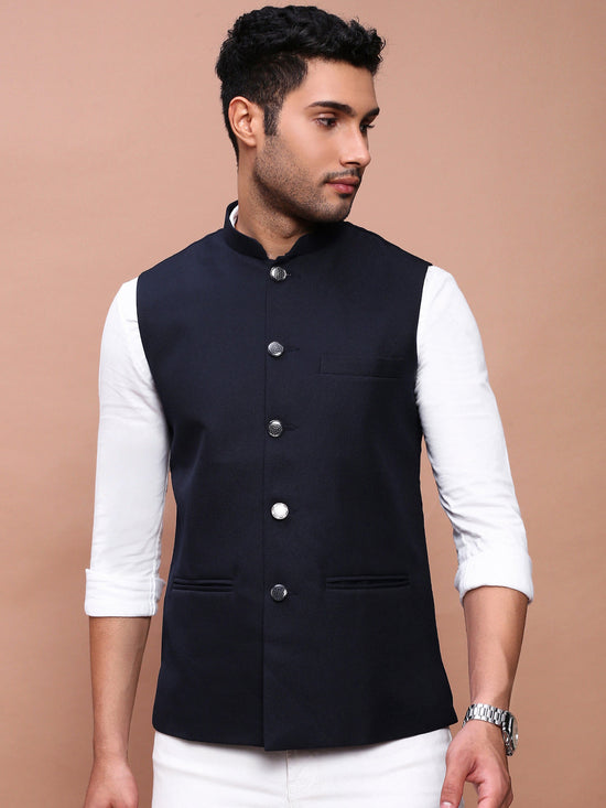 Men Solid Navy Blue Slim Fit Nehru Jacket-AD-J-535-Navyblue