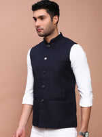 Men Solid Navy Blue Slim Fit Nehru Jacket-AD-J-535-Navyblue