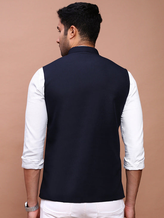 Men Solid Navy Blue Slim Fit Nehru Jacket-AD-J-535-Navyblue