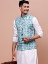 Men Printed Turquoise Blue Slim Fit Nehru Jacket-AD-J-638-Turquoiseblue