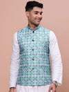 Men Printed Turquoise Blue Slim Fit Nehru Jacket-AD-J-638-Turquoiseblue