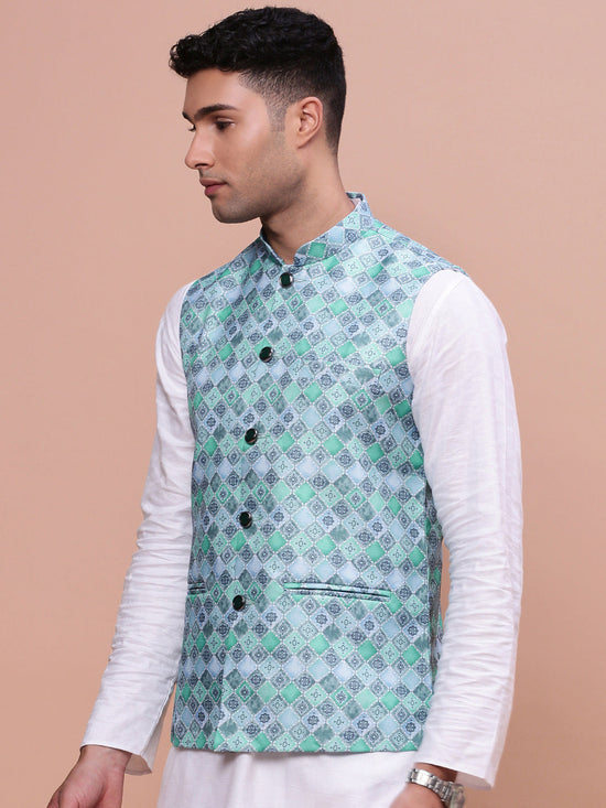 Men Printed Turquoise Blue Slim Fit Nehru Jacket-AD-J-638-Turquoiseblue