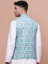 Men Printed Turquoise Blue Slim Fit Nehru Jacket-AD-J-638-Turquoiseblue