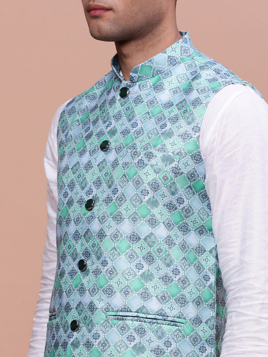 Men Printed Turquoise Blue Slim Fit Nehru Jacket-AD-J-638-Turquoiseblue