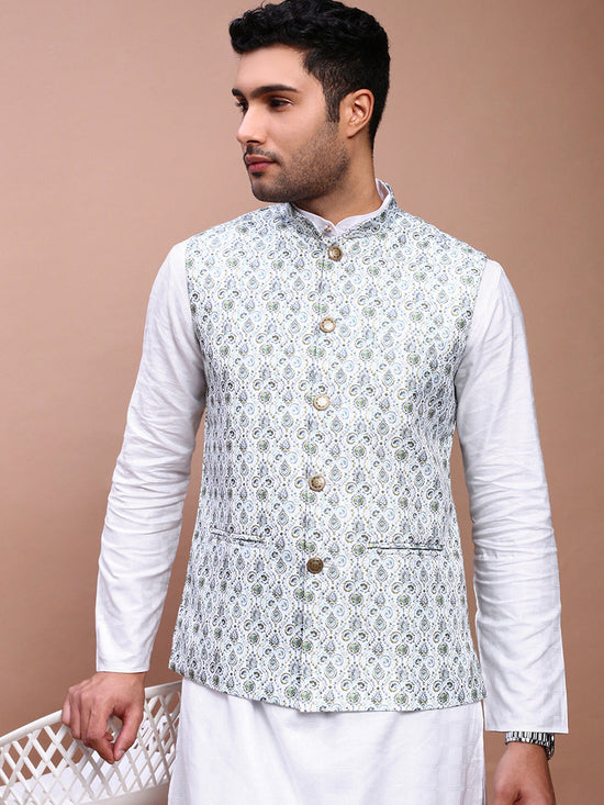 Men Printed Green Slim Fit Nehru Jacket-AD-J-655-Green