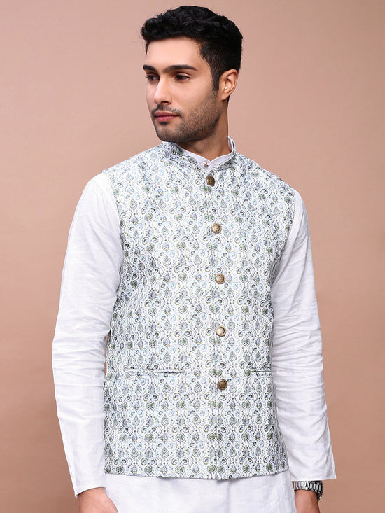 Men Printed Green Slim Fit Nehru Jacket-AD-J-655-Green