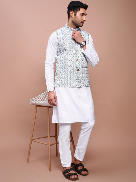 Men Printed Green Slim Fit Nehru Jacket-AD-J-655-Green