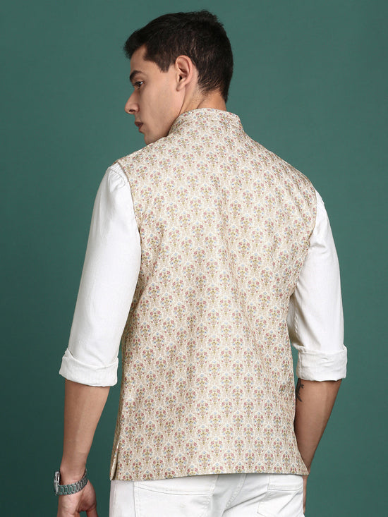 Men Printed Cream Slim Fit Nehru Jacket-AD-J-658-Cream