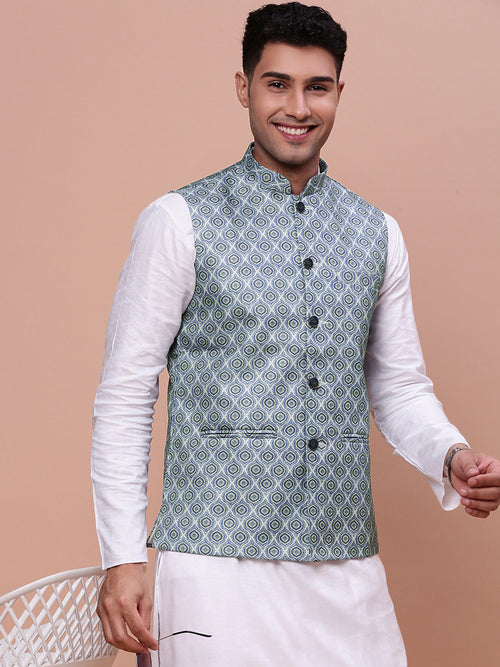 Men Printed Green Slim Fit Nehru Jacket-AD-J-662-Green