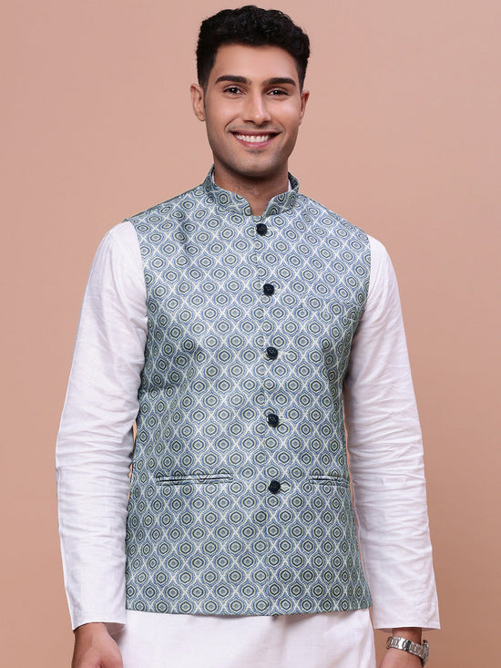 Men Printed Green Slim Fit Nehru Jacket-AD-J-662-Green