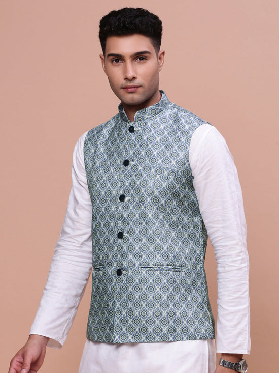 Men Printed Green Slim Fit Nehru Jacket-AD-J-662-Green