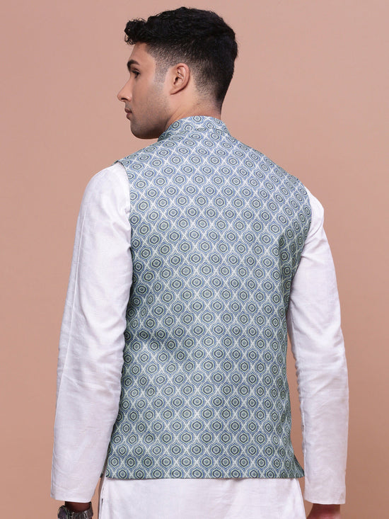 Men Printed Green Slim Fit Nehru Jacket-AD-J-662-Green