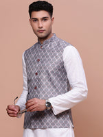 Men Printed Grey Slim Fit Nehru Jacket-AD-J-662-Grey