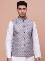 Men Printed Grey Slim Fit Nehru Jacket-AD-J-662-Grey