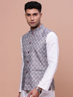 Men Printed Grey Slim Fit Nehru Jacket-AD-J-662-Grey