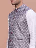 Men Printed Grey Slim Fit Nehru Jacket-AD-J-662-Grey