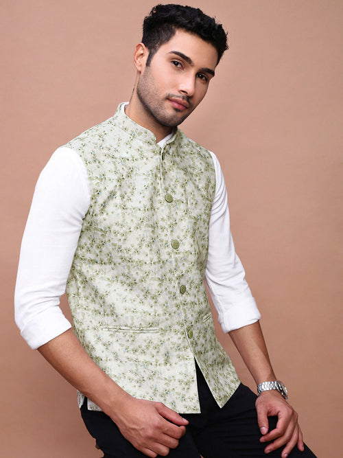 Men Printed Green Slim Fit Nehru Jacket-AD-J-664-Green