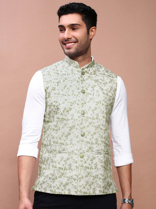 Men Printed Green Slim Fit Nehru Jacket-AD-J-664-Green