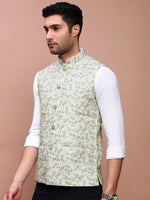 Men Printed Green Slim Fit Nehru Jacket-AD-J-664-Green