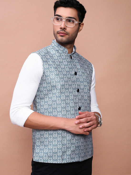 Men Printed Teal Slim Fit Nehru Jacket-AD-J-665-Teal