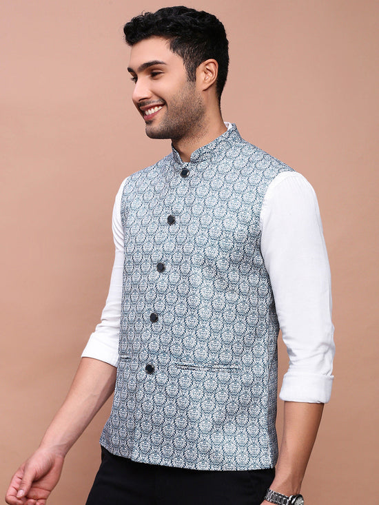 Men Printed Teal Slim Fit Nehru Jacket-AD-J-665-Teal