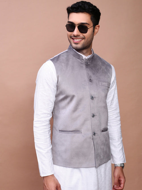 Men Solid Grey Slim Fit Nehru Jacket-AD-J-707-Grey