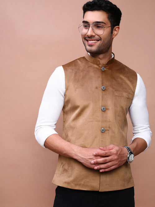 Men Solid Khaki Slim Fit Nehru Jacket-AD-J-707-Khaki