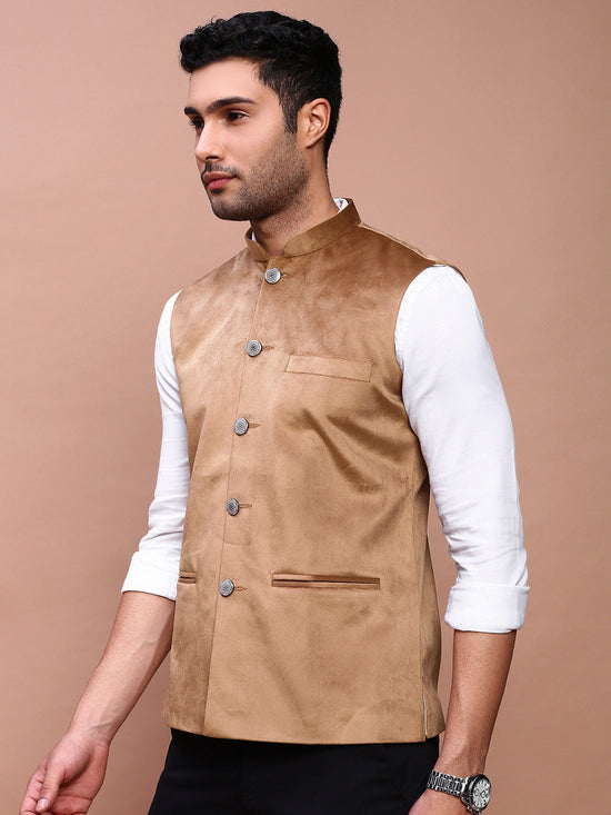 Men Solid Khaki Slim Fit Nehru Jacket-AD-J-707-Khaki