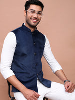 Men Solid Navy Blue Slim Fit Nehru Jacket-AD-J-707-Navyblue