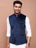 Men Solid Navy Blue Slim Fit Nehru Jacket-AD-J-707-Navyblue