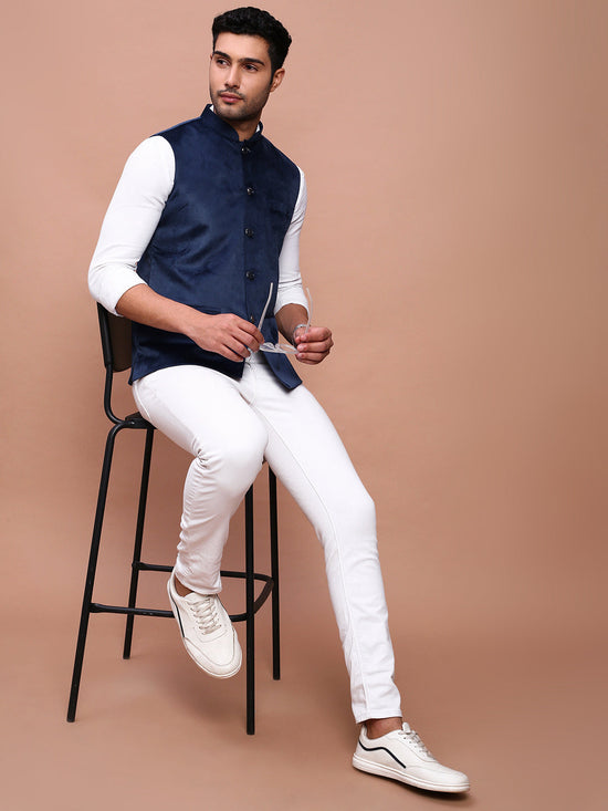 Men Solid Navy Blue Slim Fit Nehru Jacket-AD-J-707-Navyblue