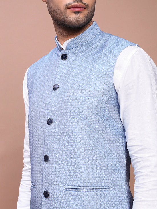 Men Woven Design Blue Slim Fit Nehru Jacket-AD-J-804-Blue