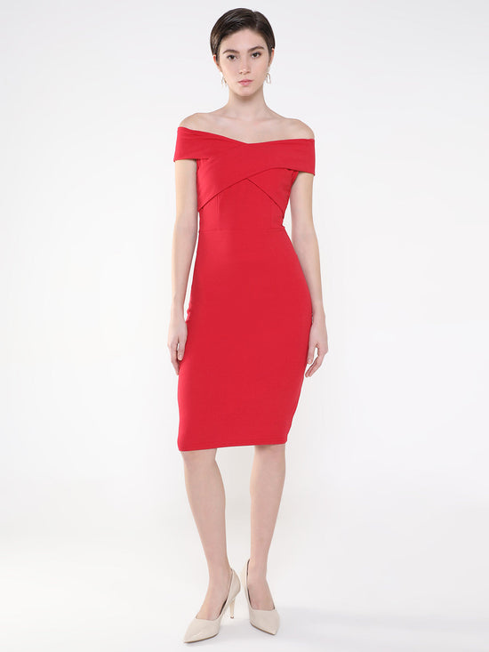 Women Solid Red Bodycon Dress-AE-001-Red