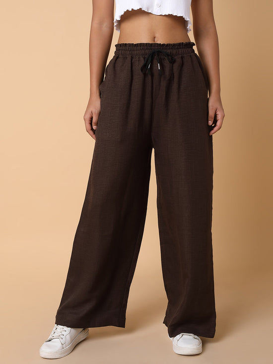 Women Flat Front Solid Brown Trousers-AE-10315-Brown