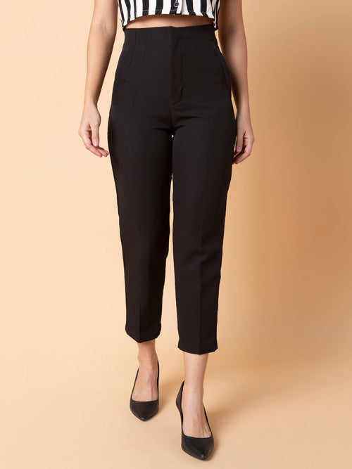 Women Pleated Solid Black Formal Trousers-AE-10908-Black