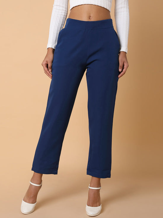 Women Flat Front Solid Blue Formal Trousers-AE-10917-Blue