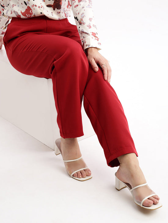 Women Flat Front Solid Maroon Formal Trousers-AE-10917-Maroon