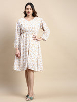 Women Puff Off White Floral Fit and Flare Dress-AE-15779-Offwhite