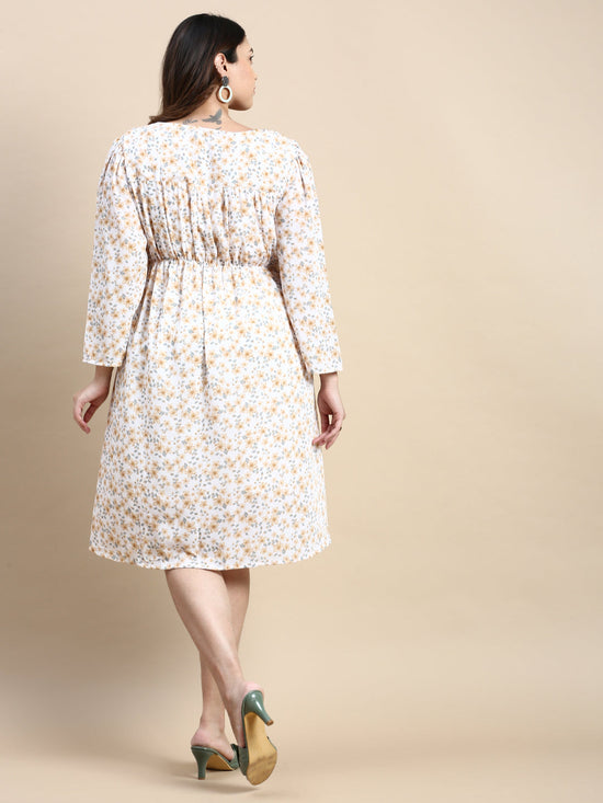 Women Puff Off White Floral Fit and Flare Dress-AE-15779-Offwhite