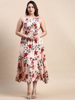 Women Peach Floral Fit and Flare Dress-AE-15785-Peach