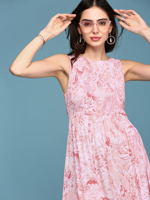 Women Pink Floral Fit and Flare Dress-AE-15786-Pink