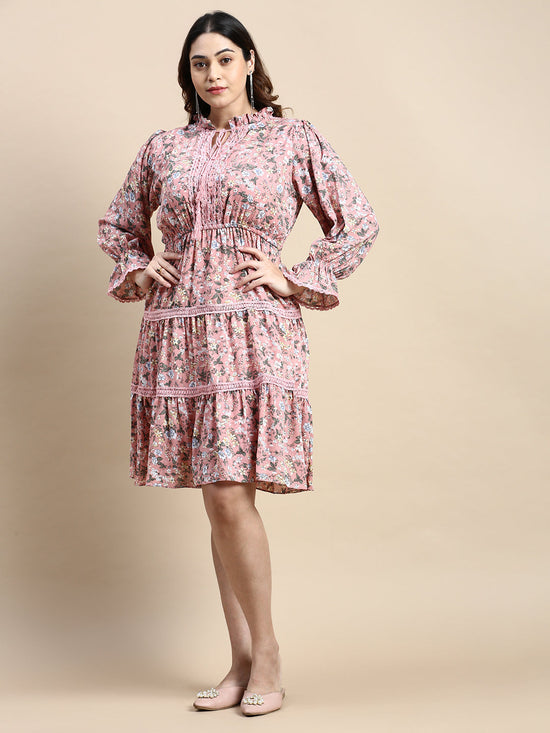 Women Keyhole Neck Puff Pink Floral Fit and Flare Dress-AE-15791-Pink