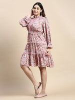 Women Keyhole Neck Puff Pink Floral Fit and Flare Dress-AE-15791-Pink