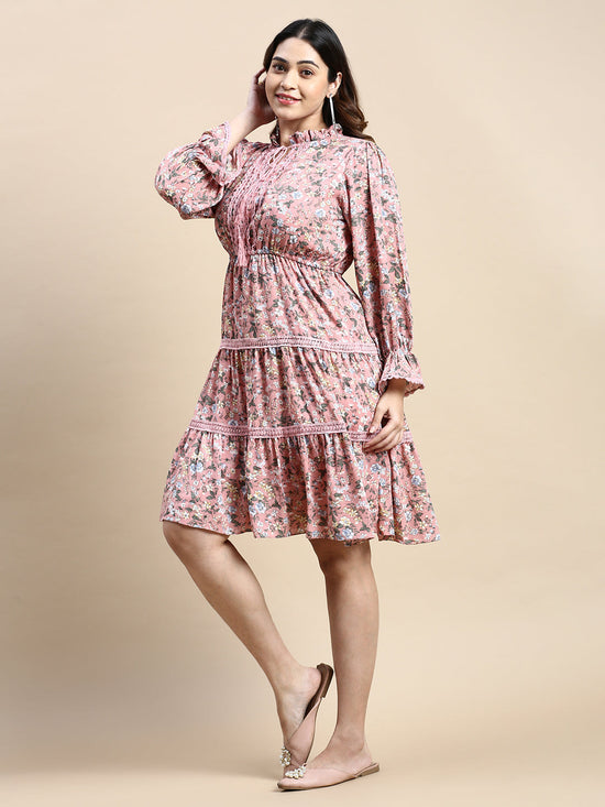 Women Keyhole Neck Puff Pink Floral Fit and Flare Dress-AE-15791-Pink