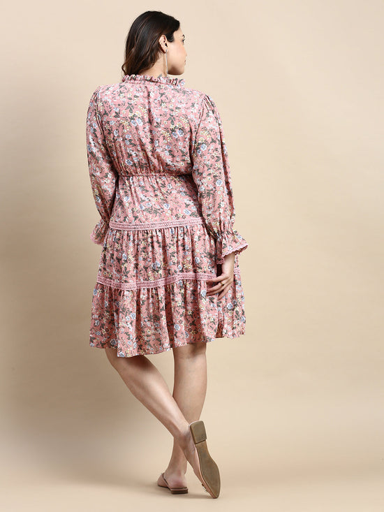 Women Keyhole Neck Puff Pink Floral Fit and Flare Dress-AE-15791-Pink