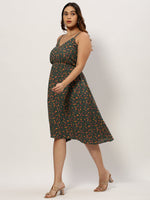 Women Shoulder Straps Olive Floral Fit and Flare Dress-AE-15795-Olive