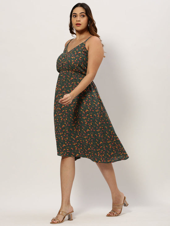 Women Shoulder Straps Olive Floral Fit and Flare Dress-AE-15795-Olive